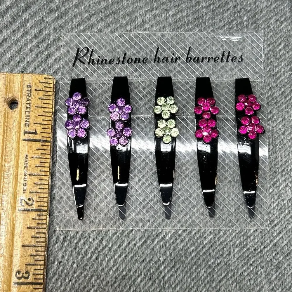Sparkling Rhinestone Hair Barrettes Flower 5 Pack New Old Stock
